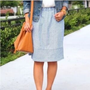 J. Crew A-Line Blue & White Striped Cotton/Linen Blend Skirt, Elastic Waist - S